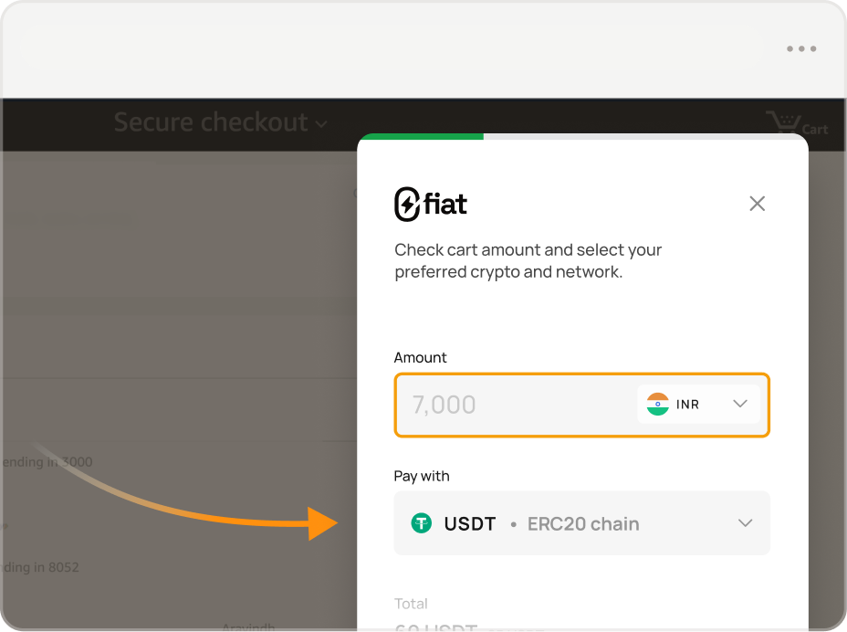 Select cryptocurrency screen — choose USDT or USDC